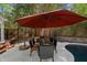 Outdoor dining area with a table under a large umbrella next to the pool at 108 Martinique Pl, Cary, NC 27511