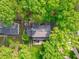 Aerial view of the property with mature trees, showcasing backyard and neighboring properties at 1107 Daleland Dr, Raleigh, NC 27612