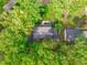Aerial view of the house with mature trees, showcasing backyard, and neighboring properties at 1107 Daleland Dr, Raleigh, NC 27612