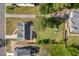 Aerial view of the property showcasing a spacious backyard, lush lawn, garden area, and surrounding mature trees providing privacy at 1427 Bungalow Ave, Durham, NC 27703