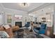 Stylish living area with a fireplace, comfortable seating, hardwood floors, and an open kitchen at 1427 Bungalow Ave, Durham, NC 27703