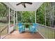 Relaxing screened porch overlooks the green wooded backyard; features two blue chairs and ceiling fan at 1557 Tice Hurst Ln, Apex, NC 27502