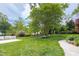 Spacious backyard with lush lawn, mature trees, and a stone pathway at 1603 Hermitage Ct, Durham, NC 27707