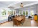 Bright dining room with large windows, wood floors, and modern decor, perfect for hosting gatherings and enjoying meals at 1603 Hermitage Ct, Durham, NC 27707