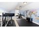 Finished home gym with fitness equipment, mirrors, and a world map accent wall at 1603 Hermitage Ct, Durham, NC 27707