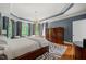 Spacious main bedroom with tray ceilings, decorative curtains, and an eye-catching zebra-print rug at 19002 Stone Brk, Chapel Hill, NC 27517