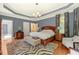 Bright main bedroom features tray ceilings, decorative drapes, and zebra print rug at 19002 Stone Brk, Chapel Hill, NC 27517