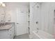 Bright bathroom featuring white cabinets, granite countertops, a tub with marble surround, and linen shelving at 2202 Environ Way # Bldg 2000, Chapel Hill, NC 27517