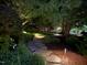 Landscaped backyard at night with a stone pathway illuminated by landscape lighting, creating a tranquil ambiance at 3915 Nottaway Rd, Durham, NC 27707