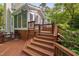 Wooden deck with railing and stairs, surrounded by lush greenery at 4405 New Brighton Dr, Apex, NC 27539