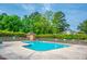 Community pool with a bath house, lush greenery, and a bright blue sky at 53 Forest Oaks Dr, Durham, NC 27705
