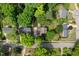 An aerial view reveals a charming property with a well-maintained yard, surrounded by mature trees in a serene neighborhood at 5505 Knollwood Rd, Raleigh, NC 27609