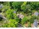 Aerial shot showcasing a property with mature trees, a fenced backyard, and a well-maintained lawn at 5505 Knollwood Rd, Raleigh, NC 27609