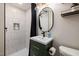 Modern bathroom with sleek fixtures, subway tile, and stylish vanity offering a clean and contemporary design at 5505 Knollwood Rd, Raleigh, NC 27609