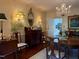 Beautiful dining room featuring wallpaper, sconces, and access to the kitchen at 8 Greenside Ct, Durham, NC 27707