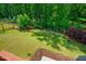 Aerial view of the backyard with a large lawn, privacy fence, and trees at 83 Vandalia Ave, Chapel Hill, NC 27516