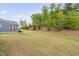 Landscaped backyard with mature trees, lush green lawn, and partial view of blue siding on the house at 10 Currituck Ln, Durham, NC 27703