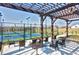 Outdoor tennis courts and pergola covered seating area in a vibrant community at 10 Currituck Ln, Durham, NC 27703