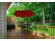 Cozy deck area with a red umbrella, dining set, and lush greenery at 10113 San Remo Pl, Wake Forest, NC 27587