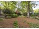 Wooded backyard with stone steps and landscaped areas, perfect for nature lovers at 105 Bergeron Way, Cary, NC 27519