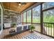 Inviting screened-in porch with stone fireplace, wood ceiling and comfortable seating area at 1112 Valley Rose Way, Durham, NC 27712