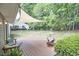 Back deck with seating and shade in a lush green backyard, perfect for enjoying outdoor living and entertaining at 115 Standish Dr, Chapel Hill, NC 27517