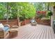 Wooden back deck with outdoor seating, perfect for relaxing and entertaining guests at 121 Cobblepoint Way, Holly Springs, NC 27540