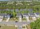 An aerial view of a residential area next to a lake, showcasing the well-maintained houses at 1824 Amberly Ledge Way, Cary, NC 27519