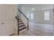 Bright living room featuring modern vinyl flooring and staircase access at 2007 Seford Dr, Durham, NC 27703