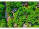 Aerial view of neighborhood showcasing the large lots, mature trees, and winding roads at 201 Johnstone Ct Ct, Durham, NC 27712