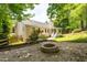 Private backyard with stone fire pit, lush landscaping, and a screened-in porch with a charming home exterior at 210 Needle Park Dr, Cary, NC 27513