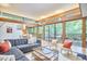 Open living space with large windows, modern furniture, and a view of the outdoor deck at 220 Glenhill Ln, Chapel Hill, NC 27514