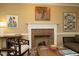 Close-up of living room fireplace with white mantle, brick surround, and decorative accents at 221 Ironwoods Dr, Chapel Hill, NC 27516