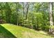 Lush backyard with mature trees, manicured lawn and tiered landscaping at 2821 Penfold Ln, Wake Forest, NC 27587