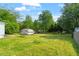 Backyard view with a utility shed and large green space at 414 N Cypress St, Wendell, NC 27591
