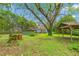 Spacious backyard featuring mature trees, a shed, a pavilion and ample green space at 429 N Asheboro St, Liberty, NC 27298