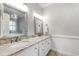 Bathroom with double sink vanity, granite countertop, and decorative mirrors at 4900 Old Millcrest Ct, Raleigh, NC 27609