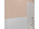 Close-up of a shower and bathtub in the bathroom with peach walls and white wainscoting at 675 Anderson Creek Rd, Henderson, NC 27537