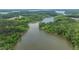Scenic aerial view of a lake surrounded by lush, green forests at 675 Anderson Creek Rd, Henderson, NC 27537