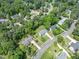 Drone view of a house with mature trees, close to neighborhood streets at 7209 Halstead Ln, Raleigh, NC 27613