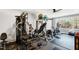 Well-equipped home gym with various machines, weights, and a view of the outdoor landscape at 103 Patriot Way, Apex, NC 27523