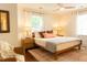 Cozy bedroom with hardwood floors, a ceiling fan, natural light, and stylish decor at 112 E Edgewood Dr, Durham, NC 27704