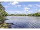 Calm lake view framed by greenery under a blue sky with scattered clouds at 115 White Lake Ct, Cary, NC 27519