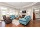 Bright living room featuring a fireplace, hardwood floors, and comfortable blue sofas at 122 Tall Timber Dr, Gibsonville, NC 27249
