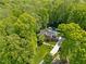 Stunning aerial view of the property, showcasing the landscaped yard, pool, and surrounding lush greenery at 12200 Glenlivet Way, Raleigh, NC 27613