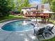 Backyard pool and patio with seating, ideal for outdoor entertaining and relaxation at 12200 Glenlivet Way, Raleigh, NC 27613