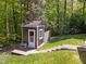 Backyard shed with shingled roof, offering storage and functionality at 12200 Glenlivet Way, Raleigh, NC 27613