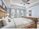 This bedroom has a tray ceiling, large windows with patterned drapes, and a rustic wood bed frame at 1238 Exchange Pl, Durham, NC 27713