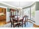 Dining room with wood table, upholstered chairs, chandelier, china cabinet, bay window and green walls at 1241 Dalgarven Dr, Apex, NC 27502
