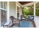 Comfortable covered porch with wicker chairs, patterned rug, and serene outdoor ambiance at 1241 Dalgarven Dr, Apex, NC 27502